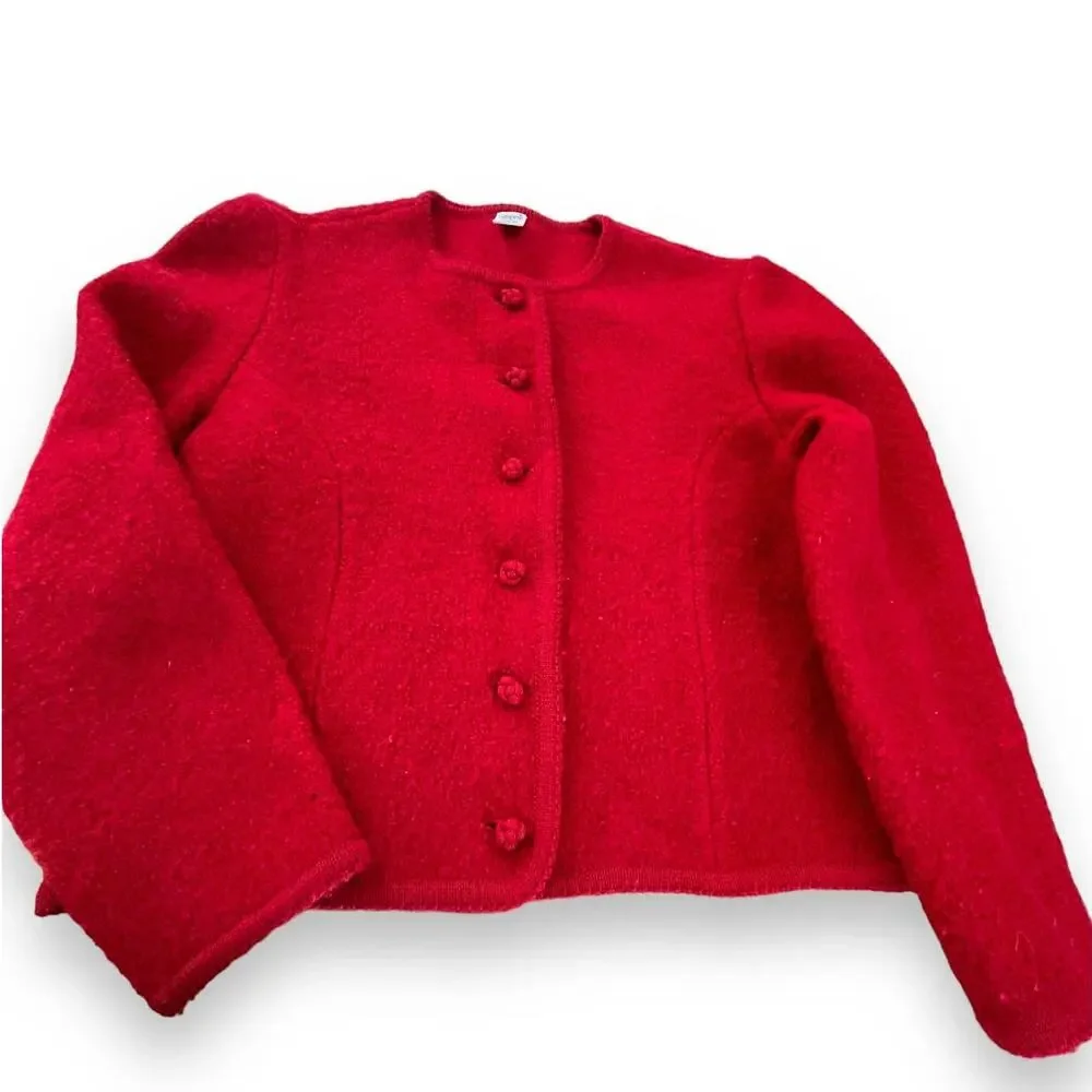 Vtg. Lands End Bouclé Jacket Wool Sweater Cardigan | Sz 10, Red Vintage - Picture 2 of 8